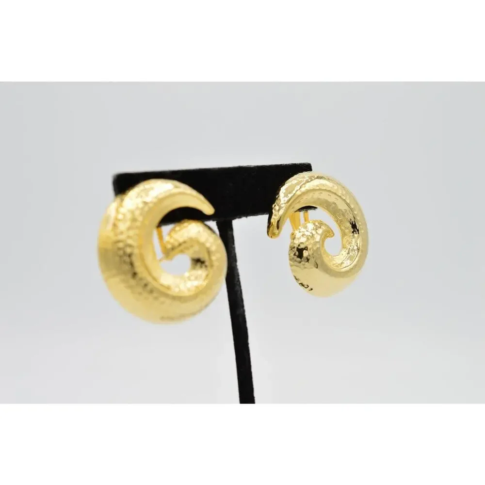 Vintage Clip On Earrings Shiny Brushed Gold Pebbled Swirl Chunky NOS 1980s 9L
